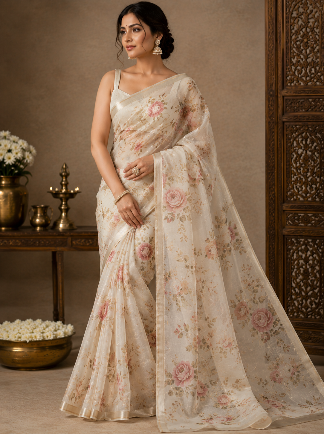 Ivory Chanderi Floral Saree