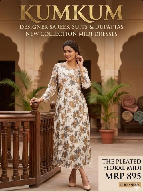 The Pleated Floral Midi Dress White/Beige