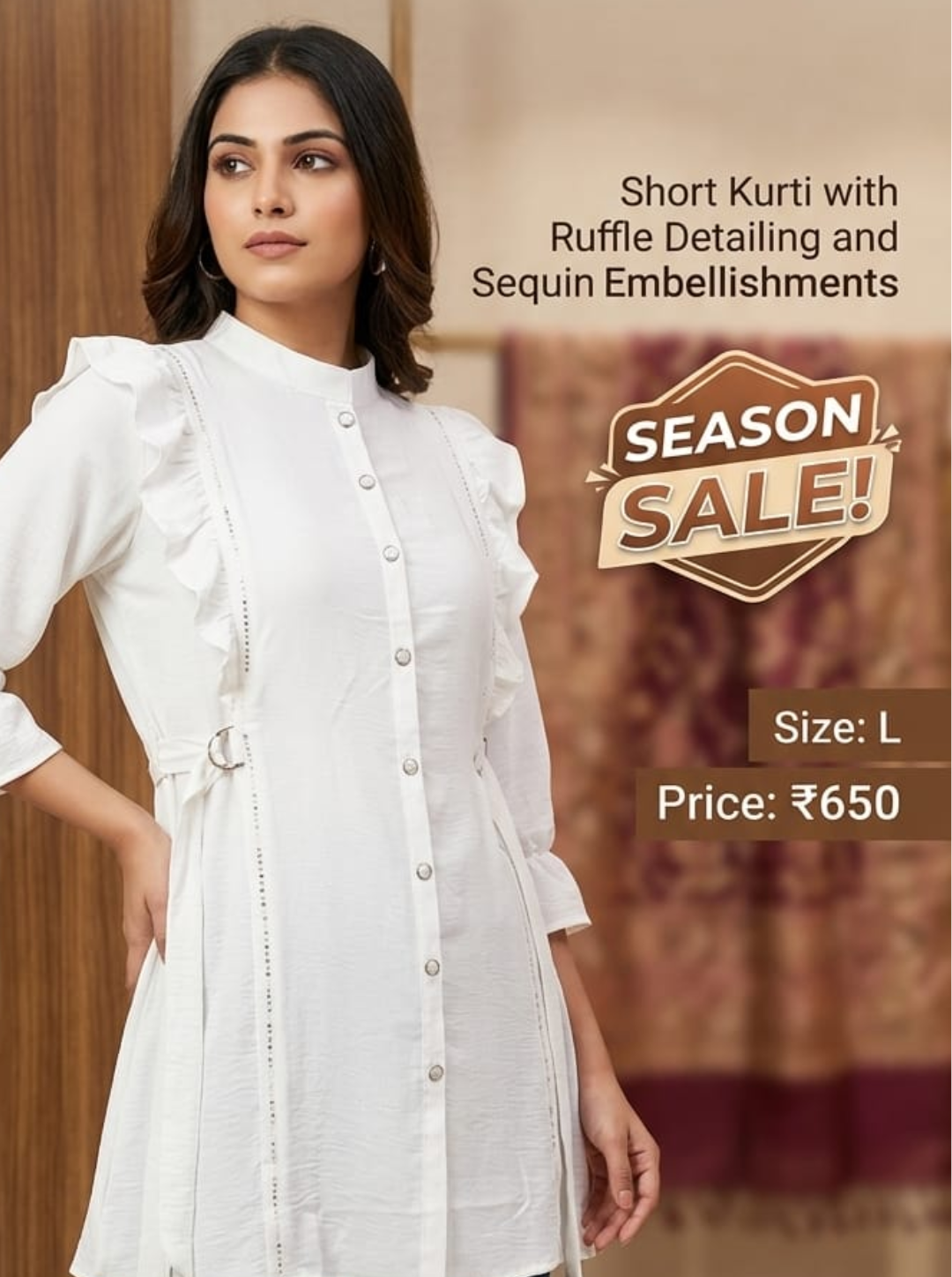 White Ruffle Detail Short Kurti