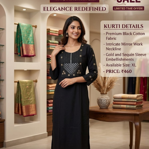 Premium Mirror Work Kurti – Black