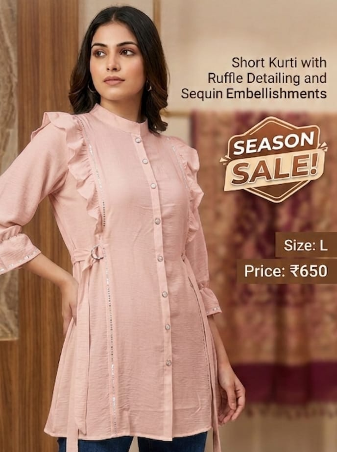 Blush Pink Ruffle Detail Short Kurti