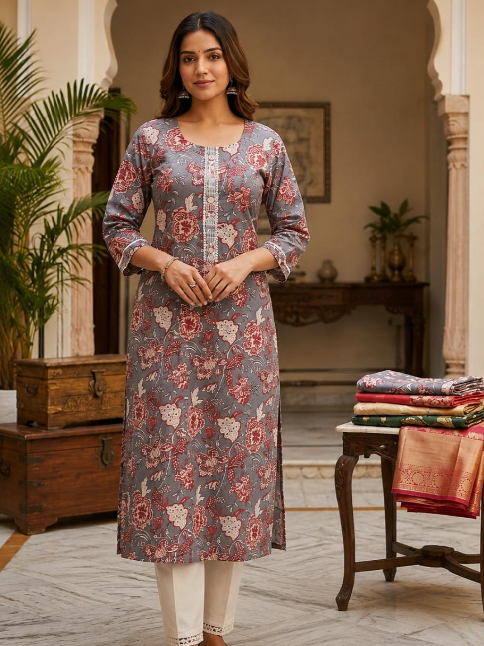 Traditional Block-Print Floral Kurti