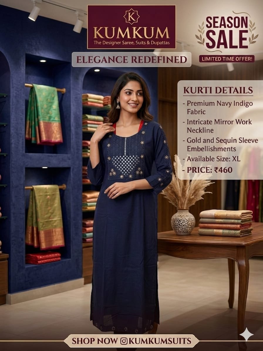 Premium Mirror Work Kurti – Navy Indigo