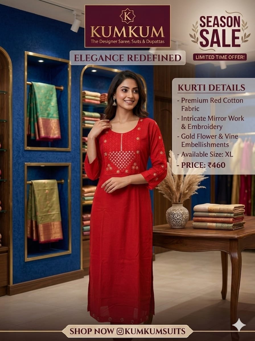 Premium Mirror Work Kurti – Red