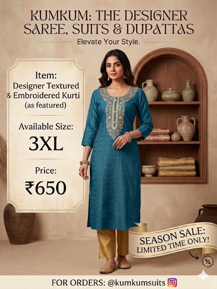 Designer Textured Embroidered Kurti – Teal Blue