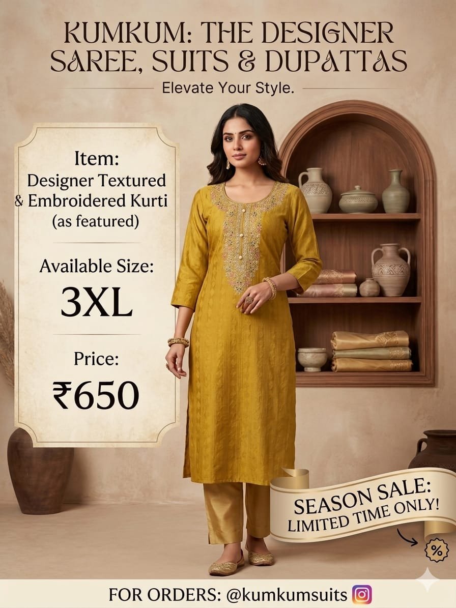 Designer Textured Embroidered Kurti – Mustard Gold
