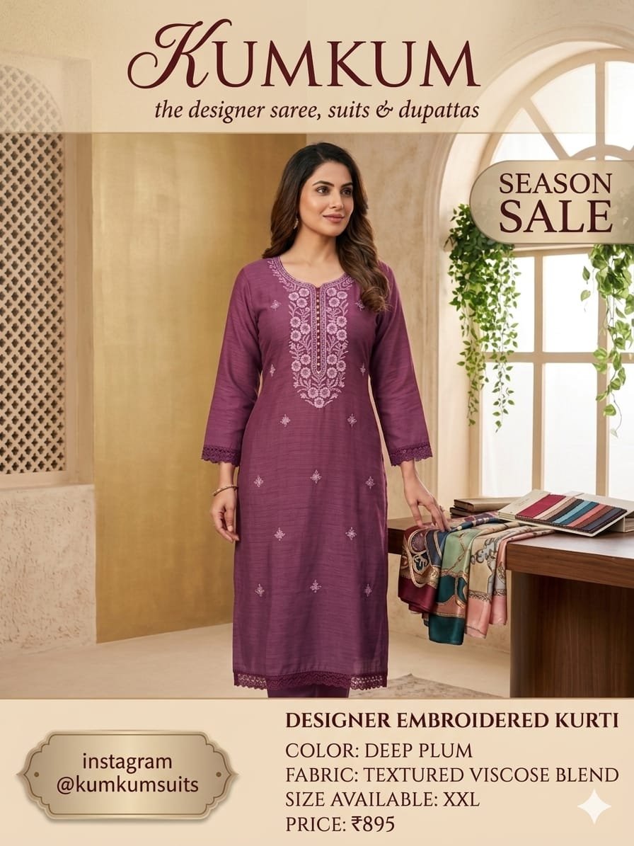 Designer Embroidered Kurti – Deep Plum