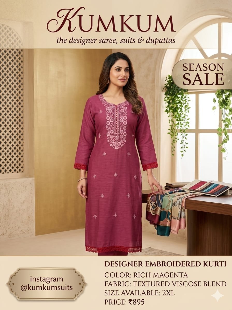 Designer Embroidered Kurti – Rich Magenta