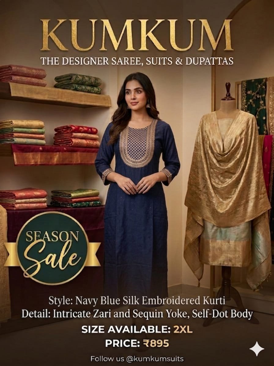 Navy Blue Silk Embroidered Kurti