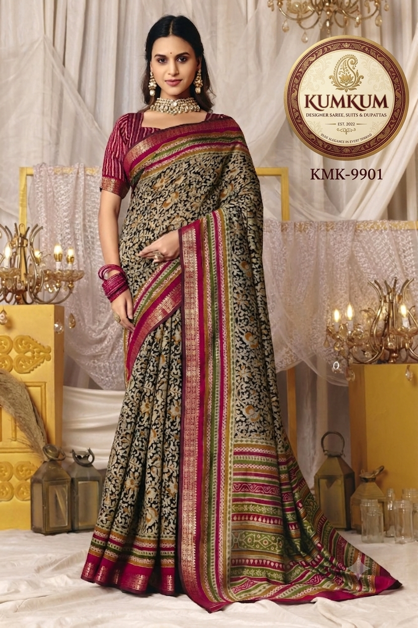 Midnight Floral Saree with Magenta Contrast Border