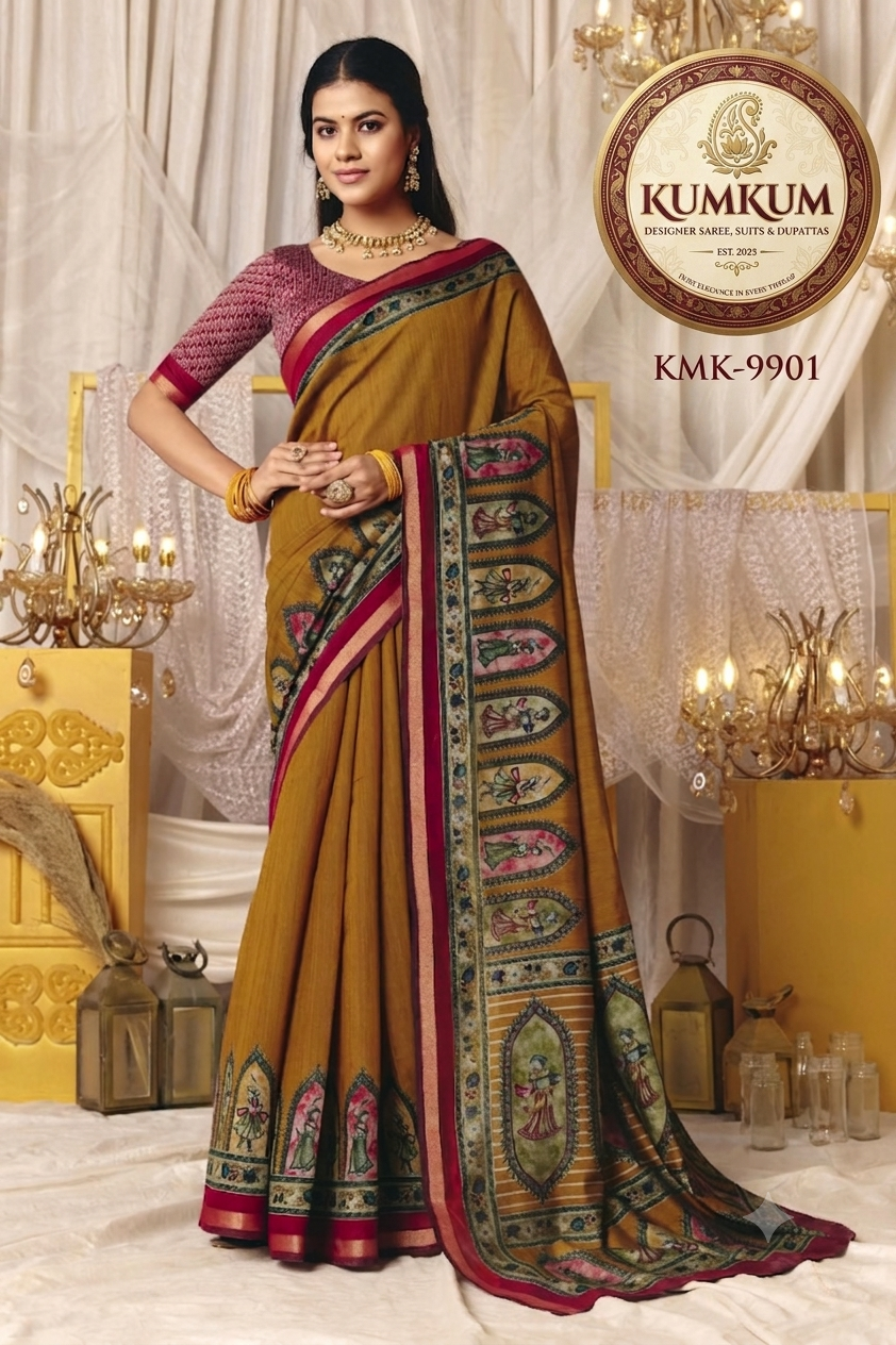 Earthy Mustard Saree with Miniature Art Border