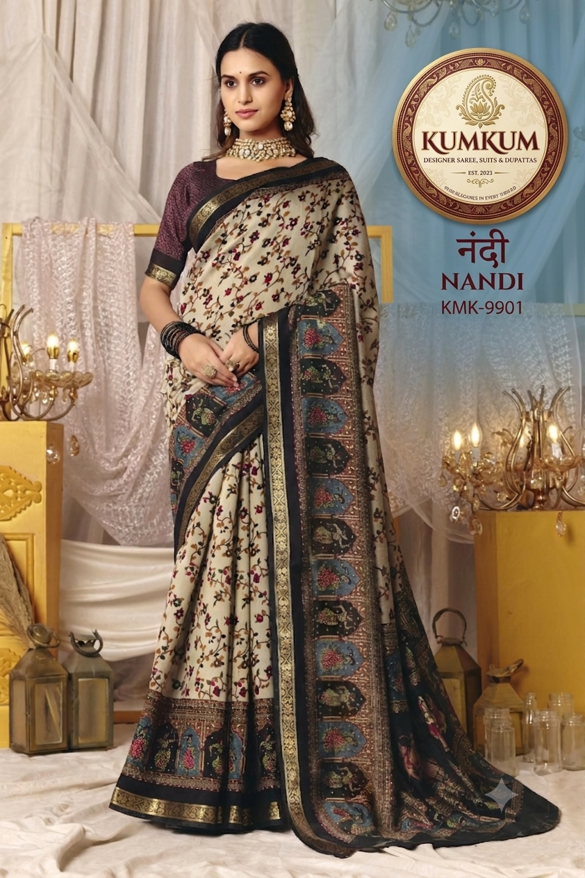 Cream & Black Heritage Archway Saree