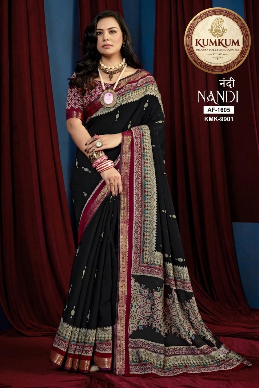 Classic Black Saree with Ornate Cream Pallu