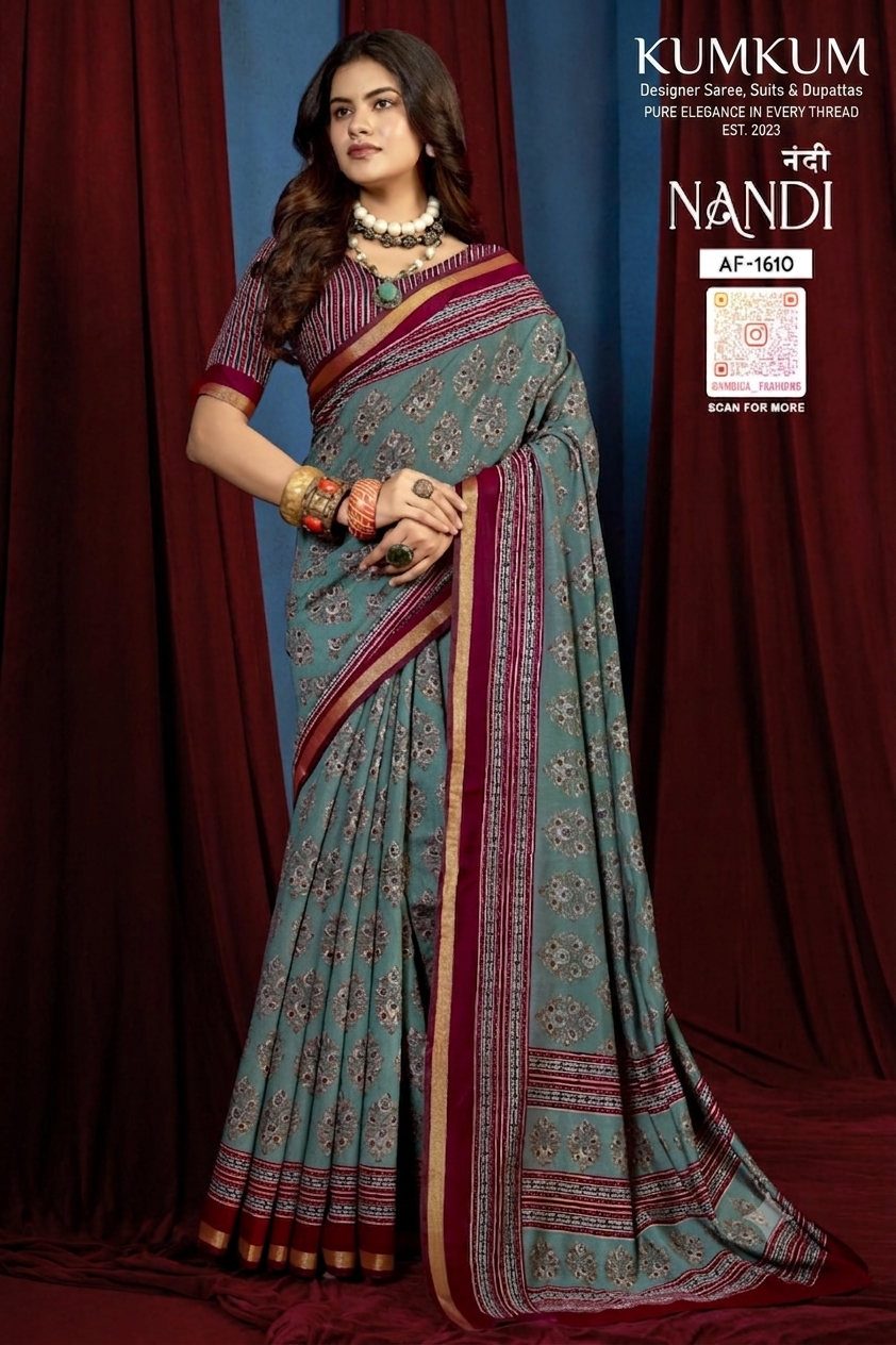 Dusty Teal Saree with Burgundy Heritage Border