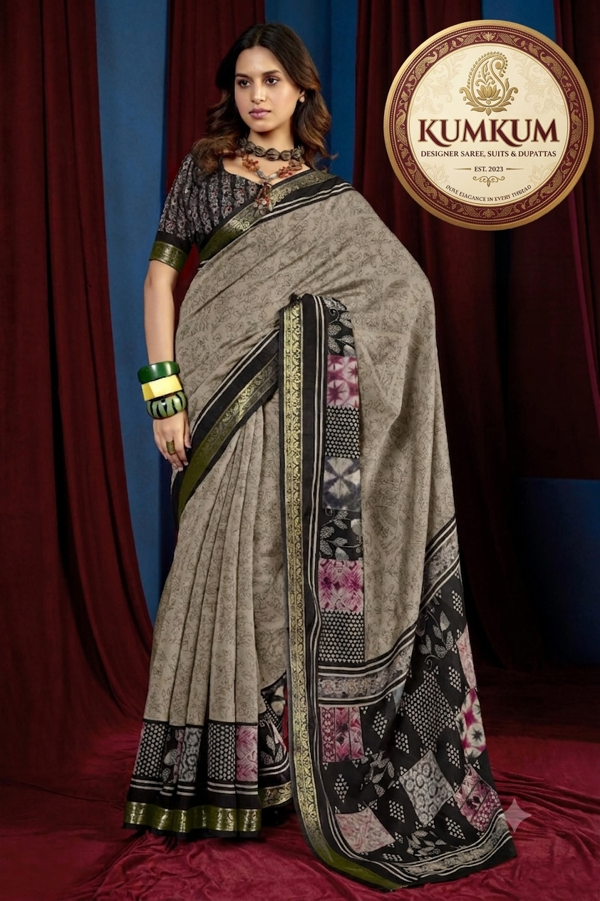 Grey Tonal Saree with Contemporary Patchwork Border