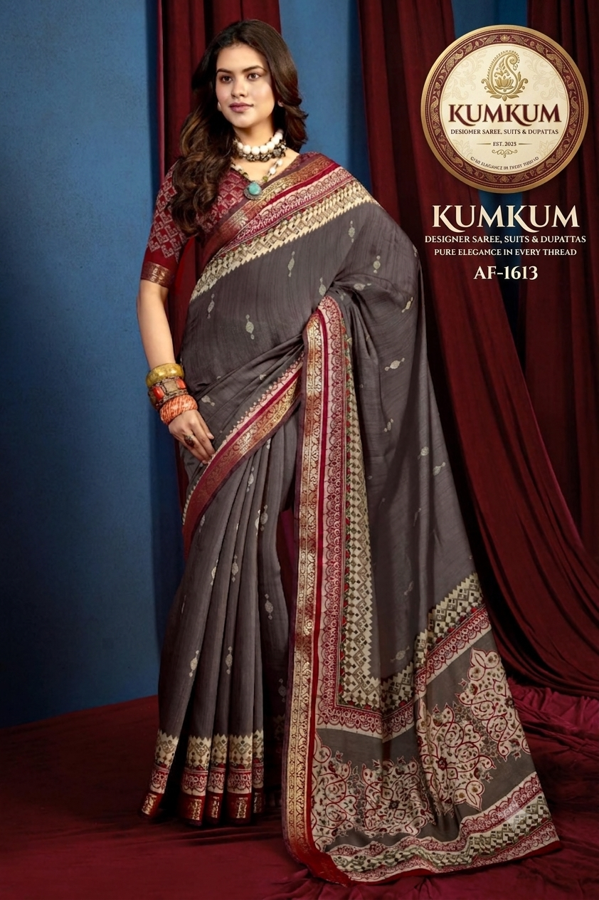 Charcoal Grey Saree with Intricate Crimson Pallu