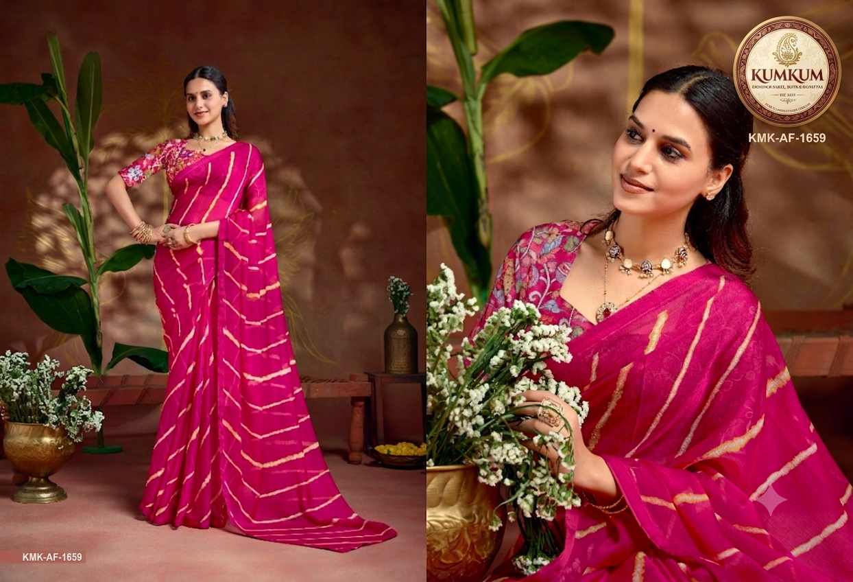 Fuchsia Pink Shibori Stripe Saree with Floral Blouse