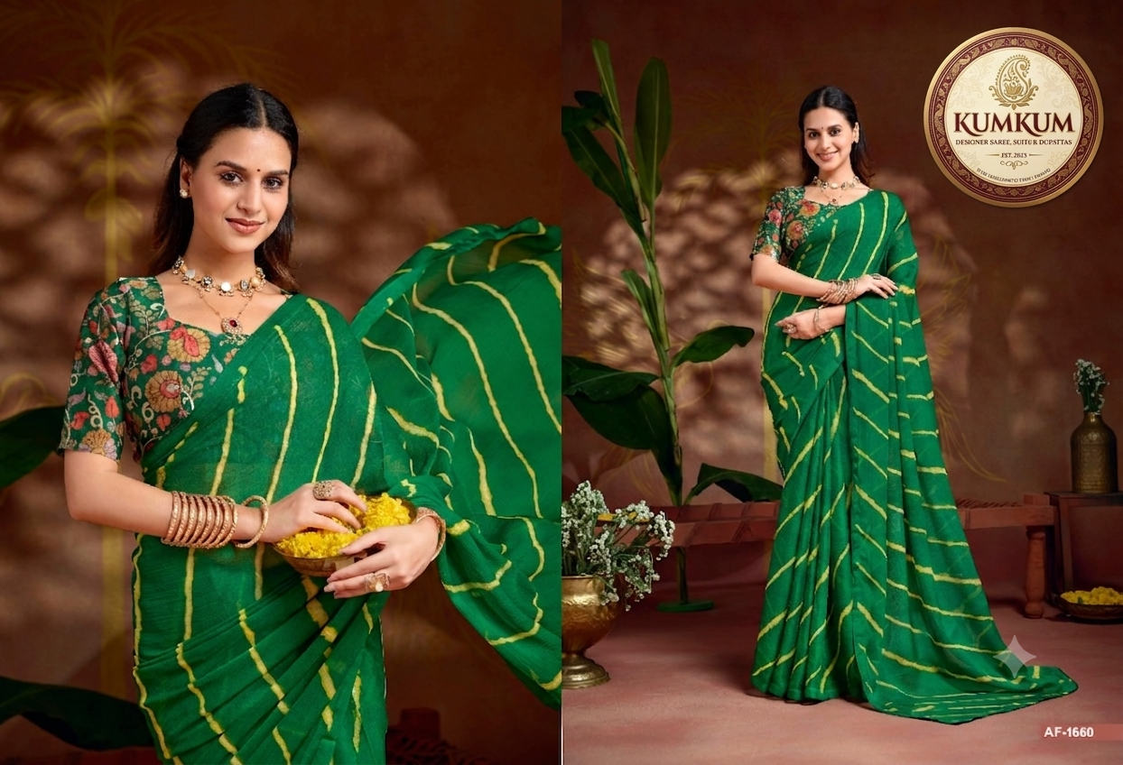 Emerald Green Shibori Stripe Saree with Floral Blouse