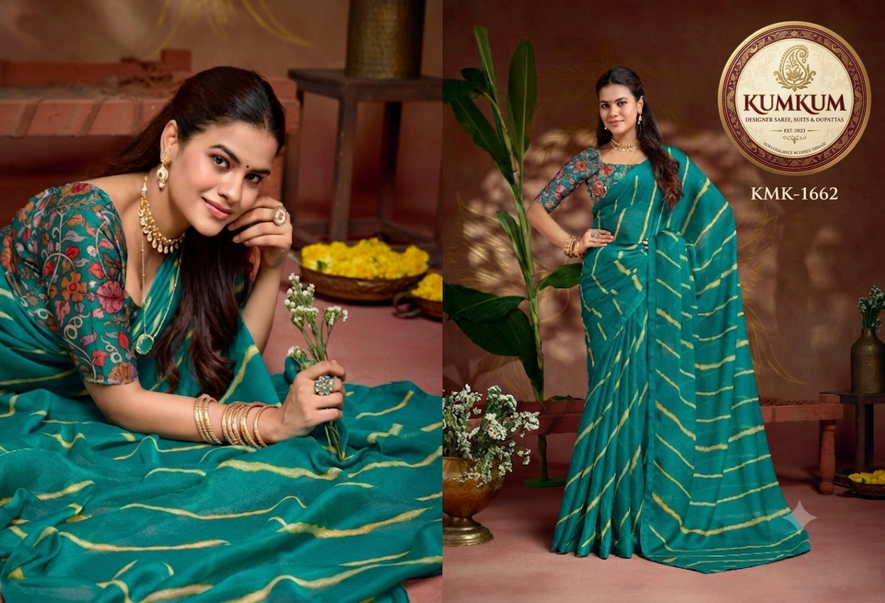 Deep Teal Shibori Stripe Saree with Floral Blouse