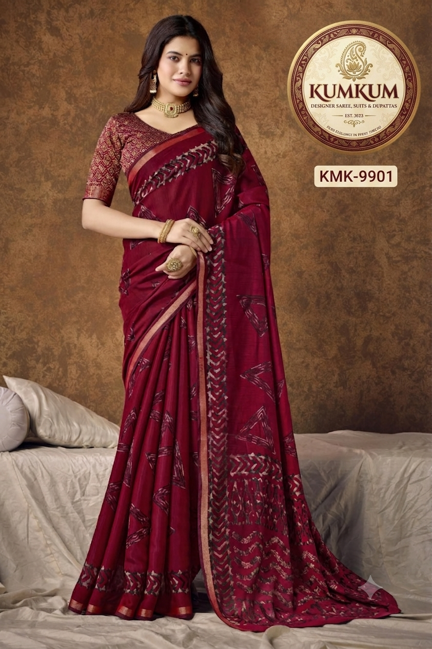 Deep Maroon Geometric Tribal Print Saree