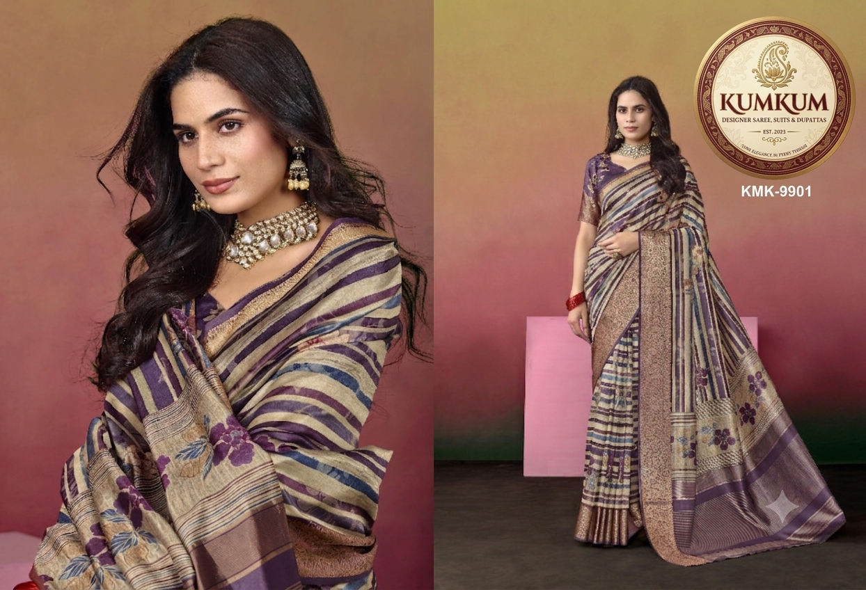 Purple & Beige Floral Striped Saree