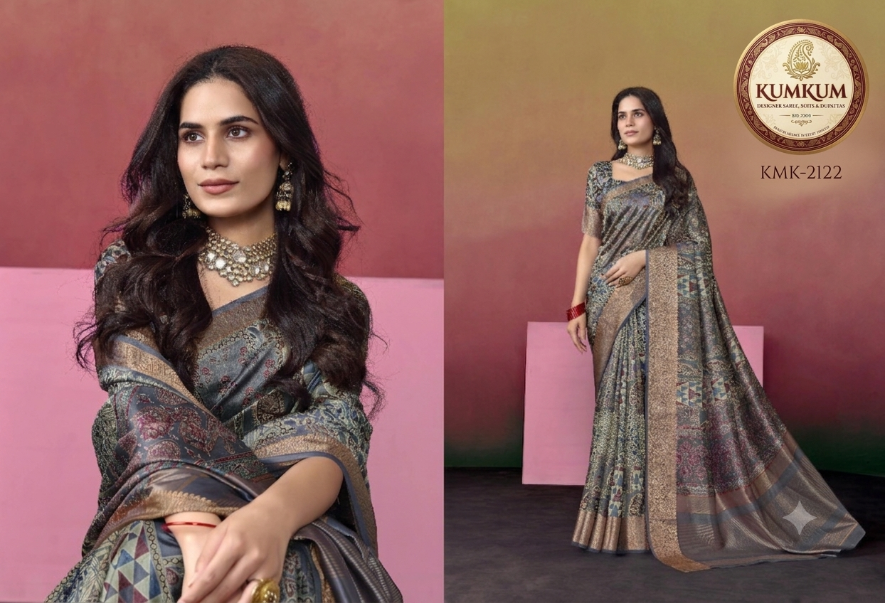 Slate Blue Heritage Print Saree