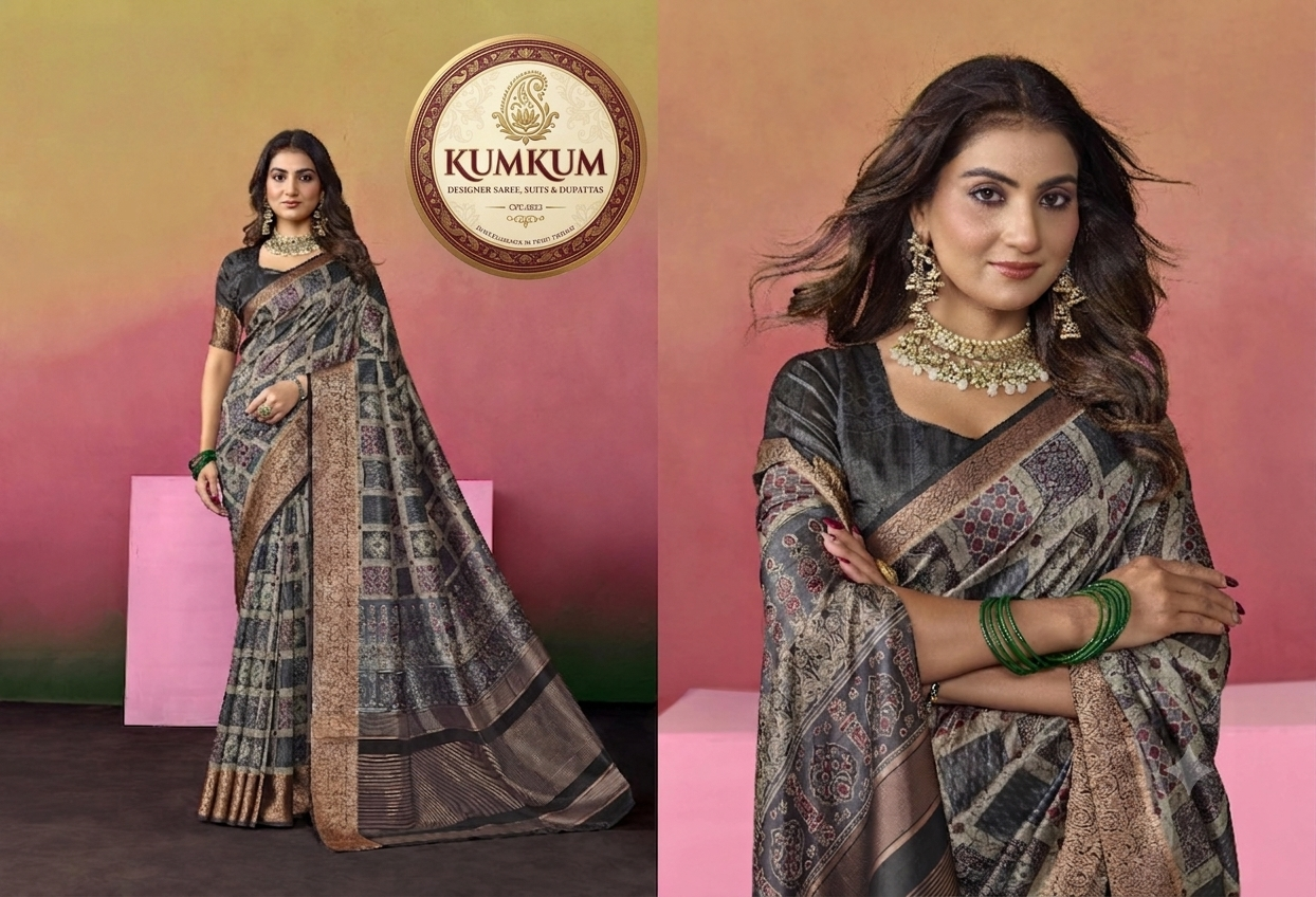 Charcoal Grey Checkered Motif Saree