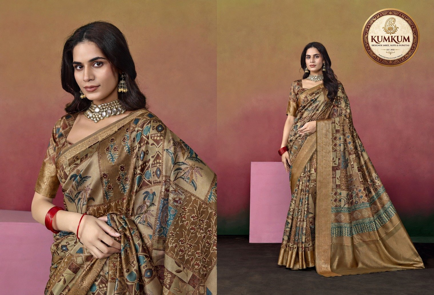Golden Beige Patchwork Print Saree