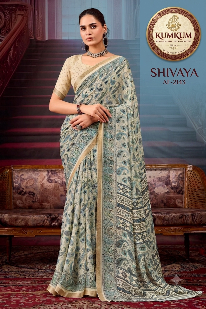Cream & Slate Blue Paisley Saree