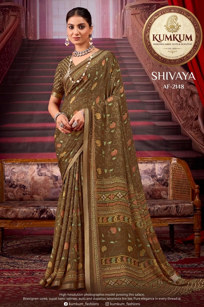 Khaki Brown Floral Vine Saree