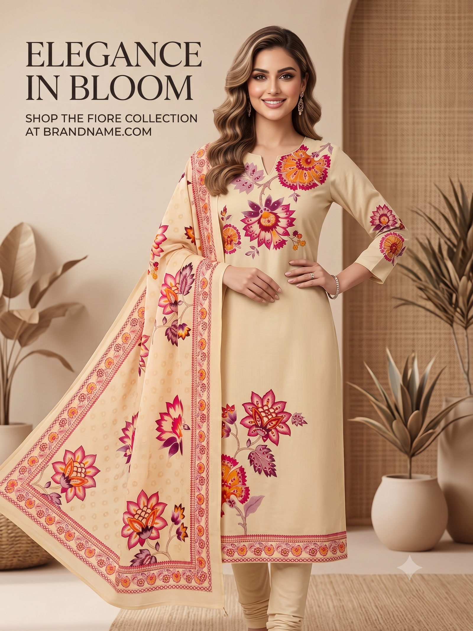 Elegance in Bloom: Beige Floral Fiore Collection Suit Set