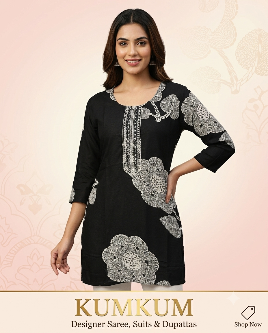Black Floral Printed Straight short Kurti