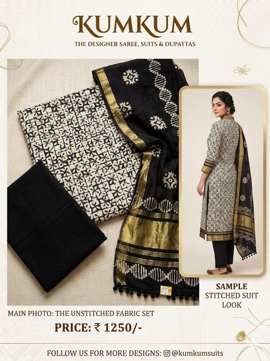 Elegant Black & Cream Jaipuri Print Suit Set