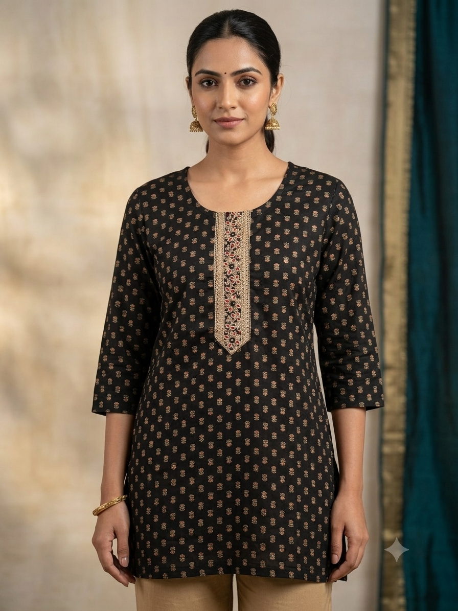 Women's Black Printed Short Kurti