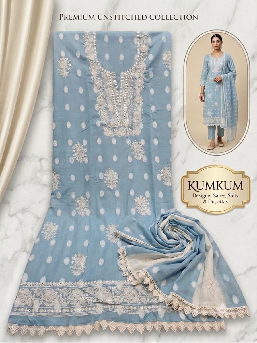 Powder Blue Mal Cotton Embroidered Suit Set