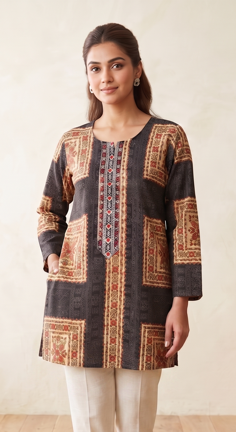 Dark Grey Ethnic Printed Short Kurti