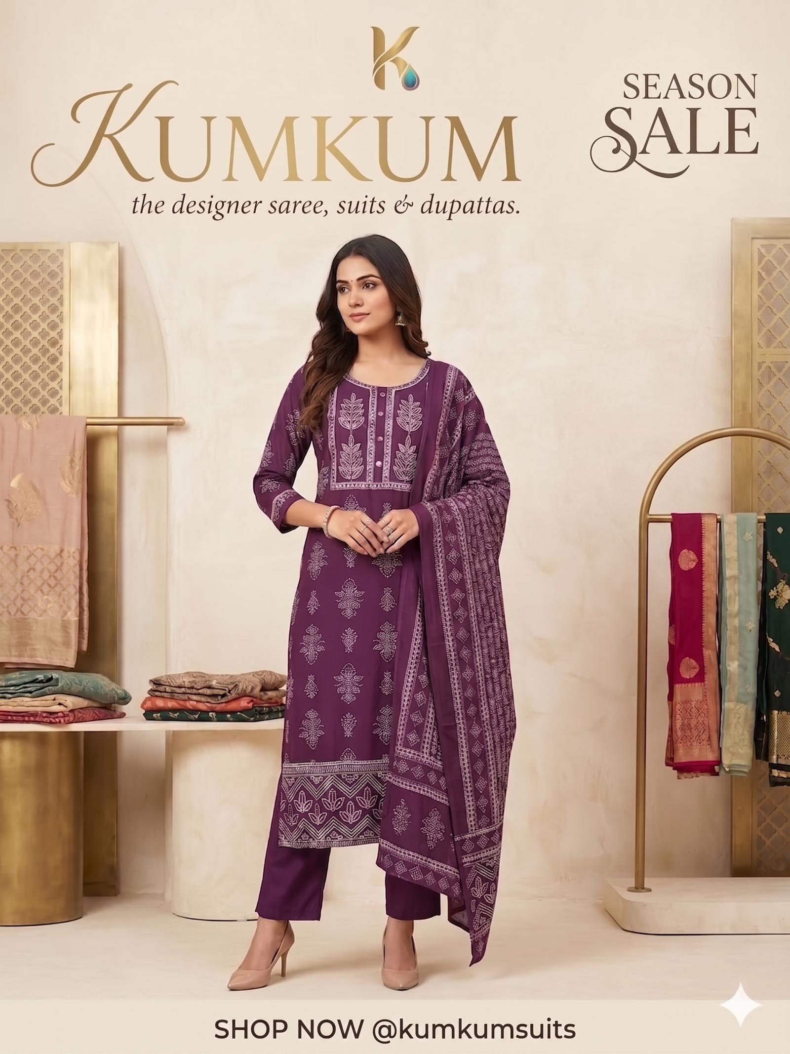 Majestic Purple Geometric & Paisley Printed Suit Set