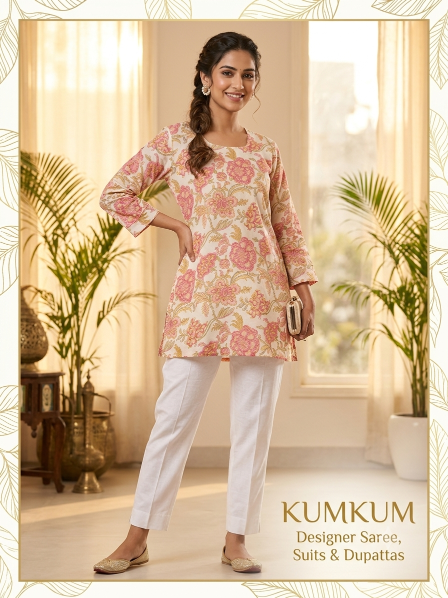 Floral Printed White Short Kurti