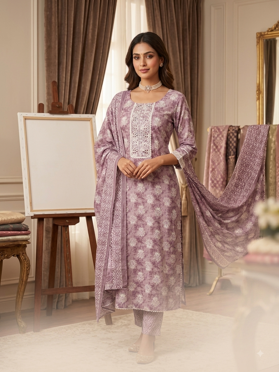 Charming Lilac Batik-Style Printed Suit Set