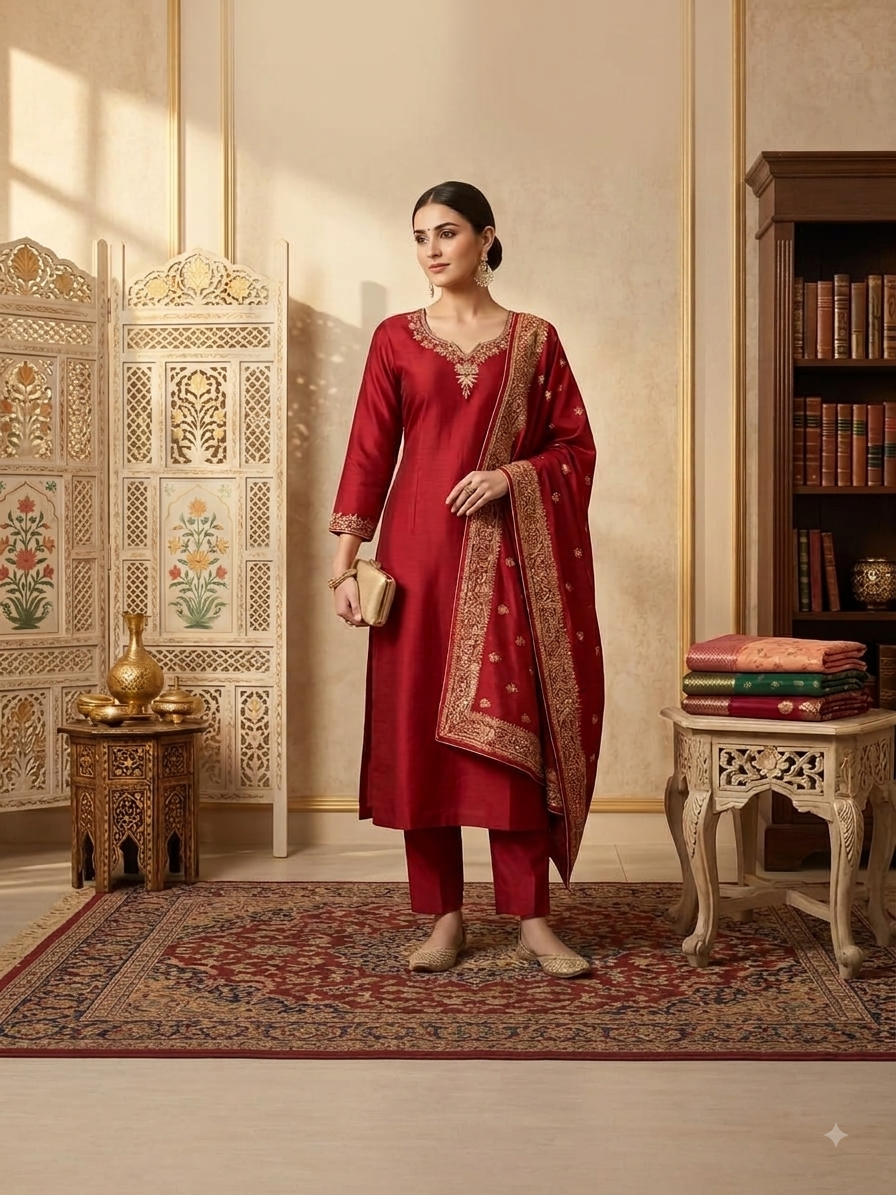 Luxurious Wine Red Silk Embroidered Suit Set