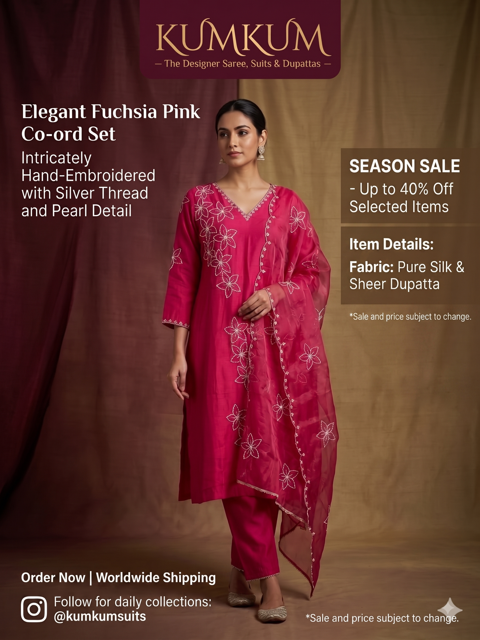 Stunning Fuchsia Pink Hand-Embroidered suit Set
