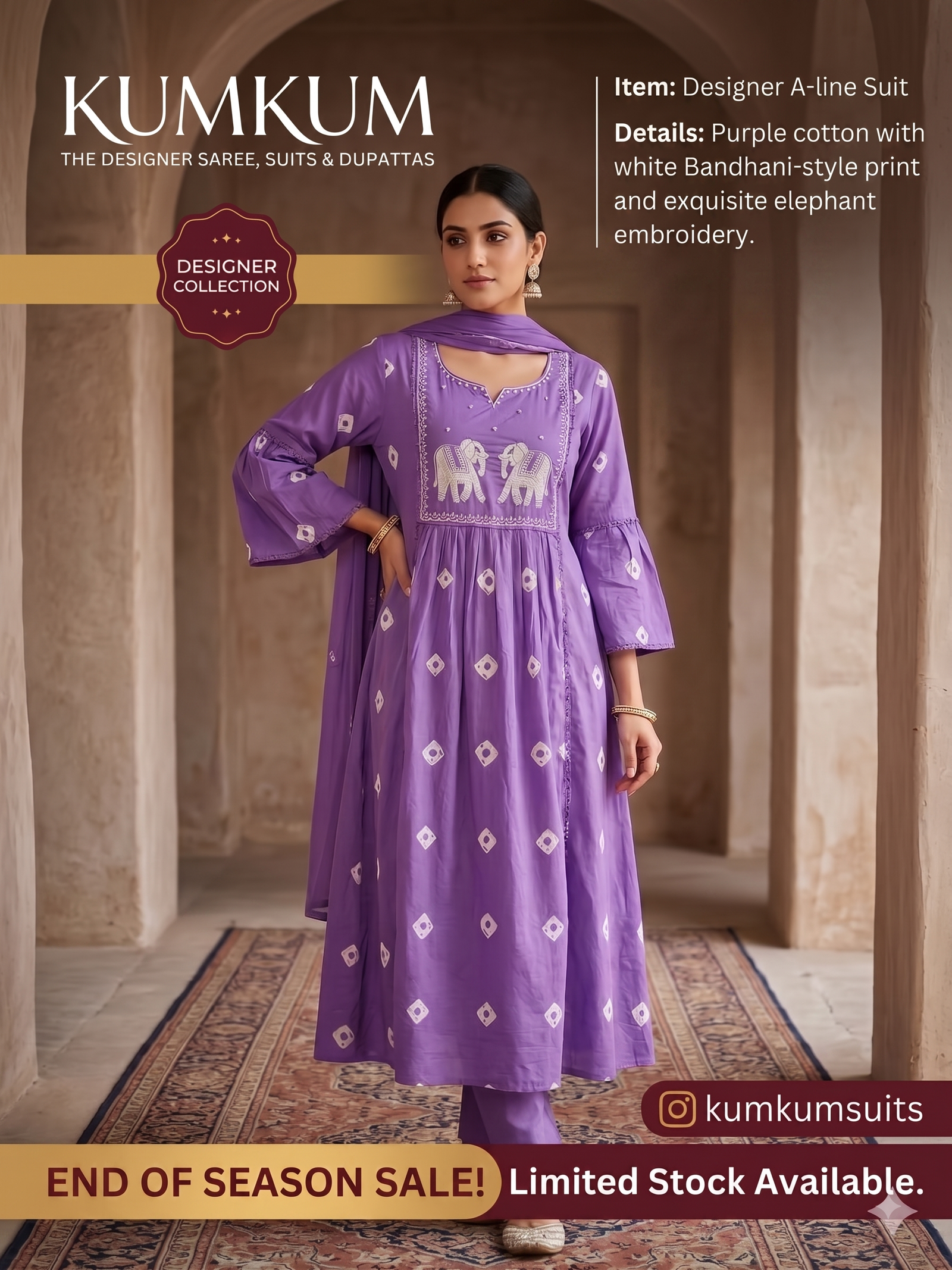 Vibrant Purple A-line Bandhani-Style Elephant Printed Suit