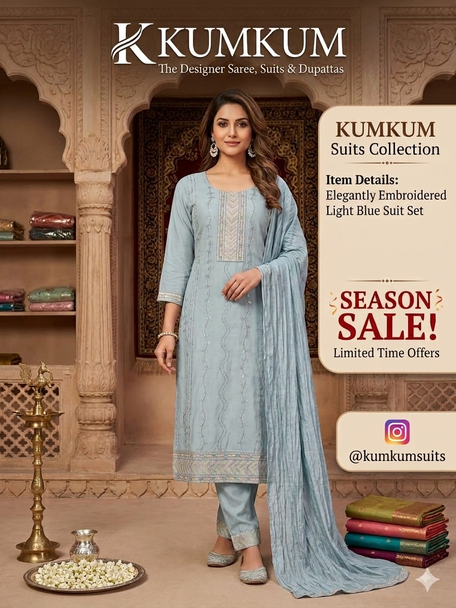 Powder Blue Embroidered Straight Suit Set