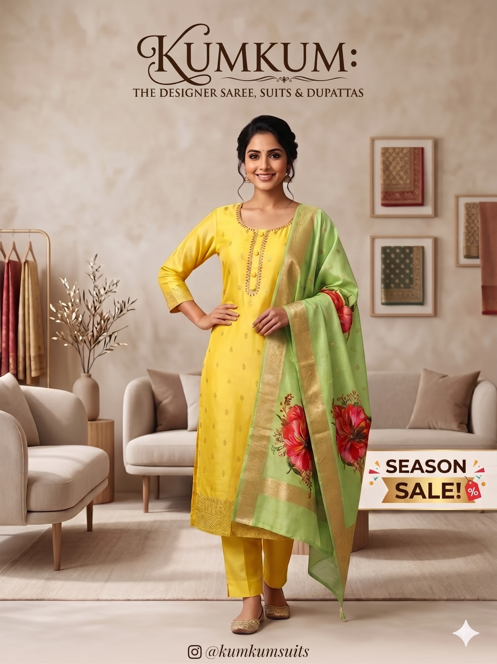 Vibrant Sunshine Yellow Silk Suit with Floral Printed Dupatta
