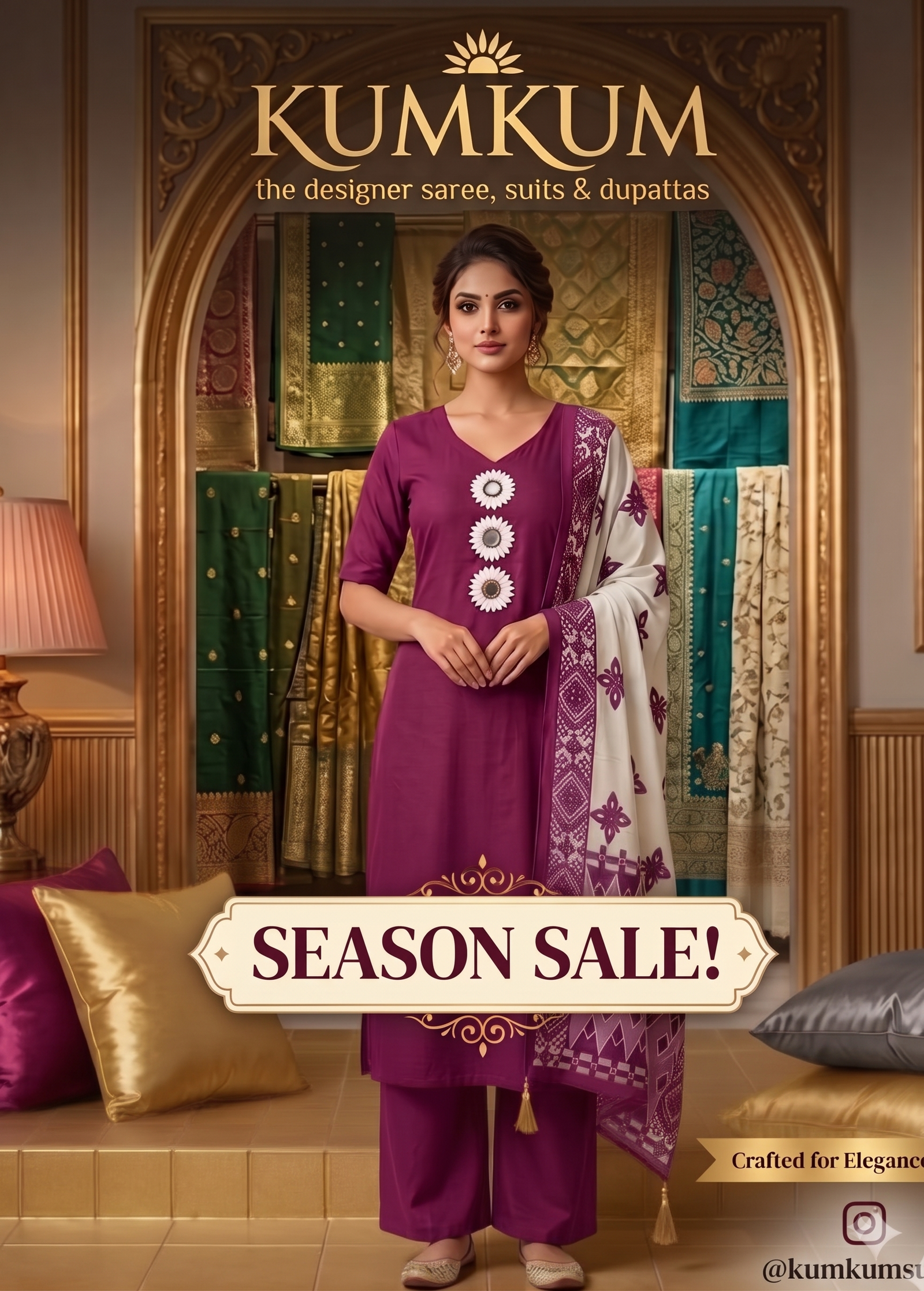 Deep Magenta Plum Suit with Mirror-Work Motif Accents