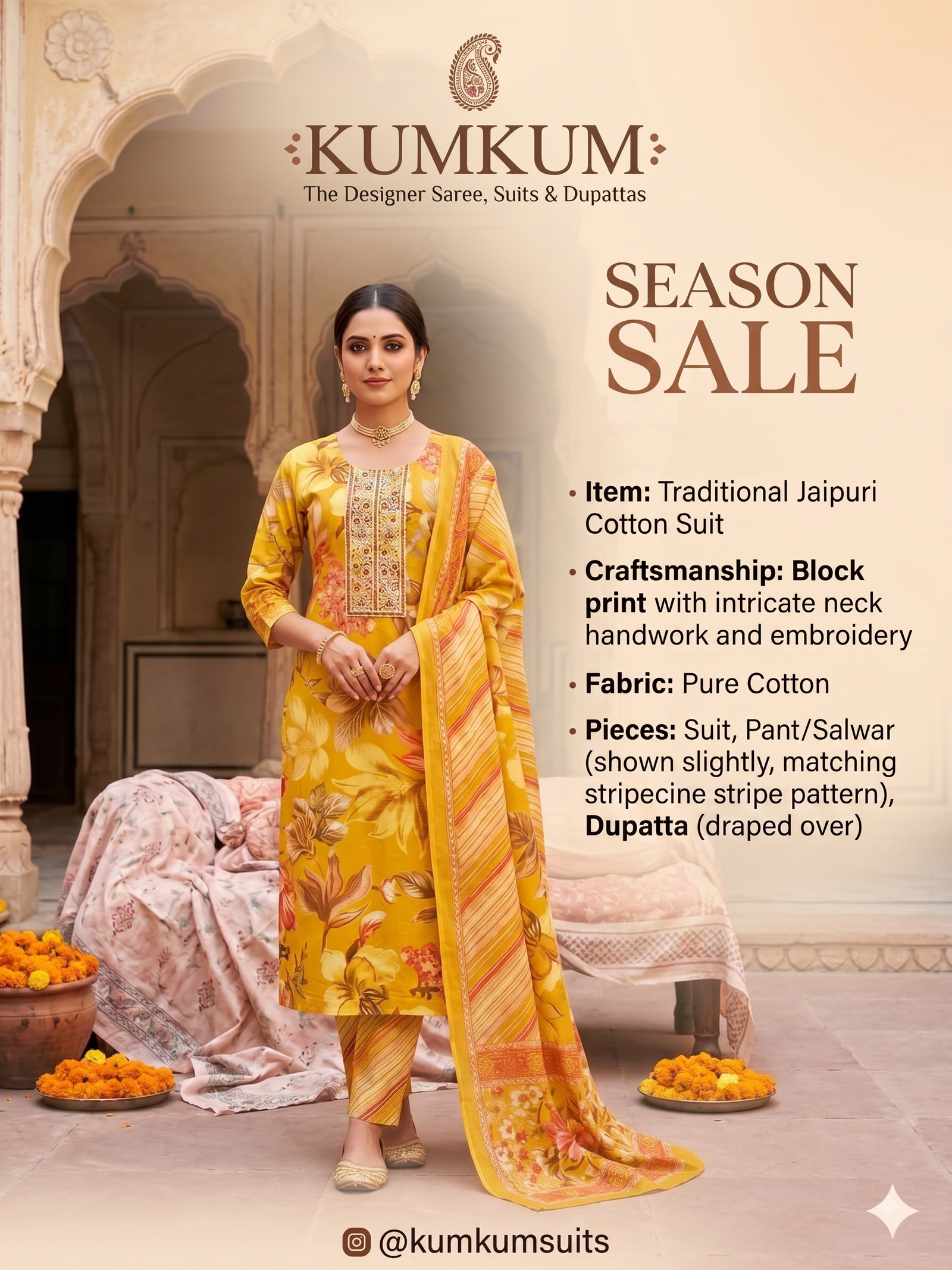 Mustard Yellow Jaipuri Floral Cotton Suit Set