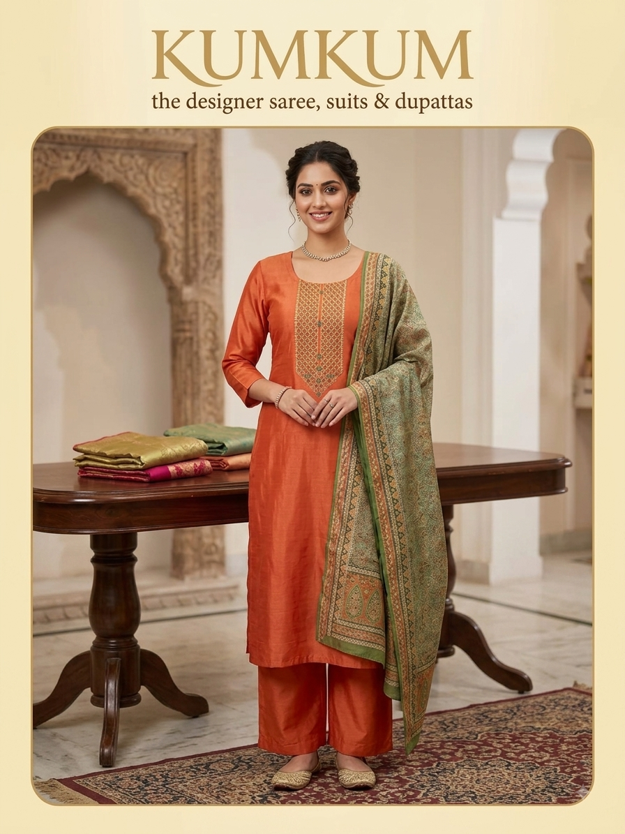 Terracotta Orange Silk Suit with Kalamkari-Style Dupatta