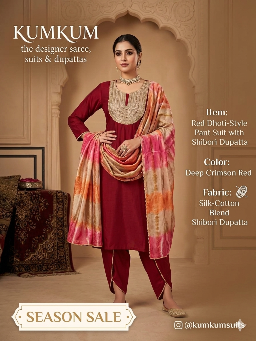 Deep Crimson Red Dhoti-Style Suit with Multicolor Shibori Dupatta
