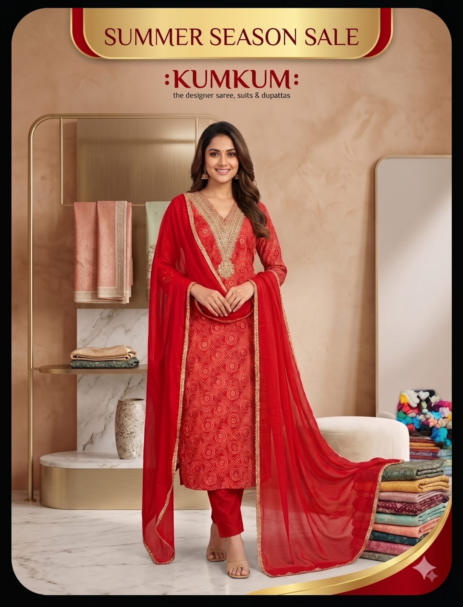 Scarlet Red Bandhani Print Silk Suit Set