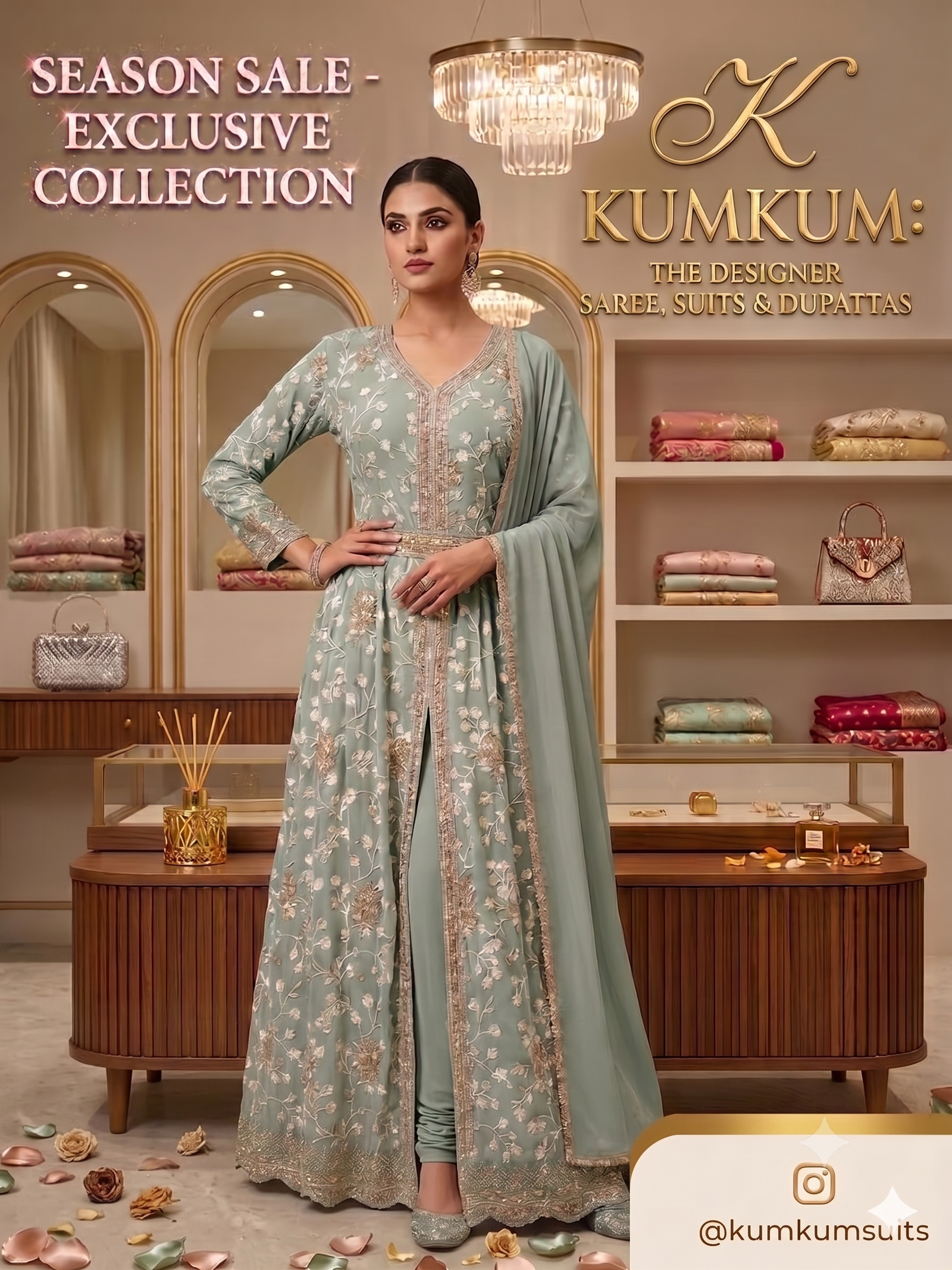 Lichen Green Monarch Front-Slit Jacket Suit with Elaborate Floral Jaal